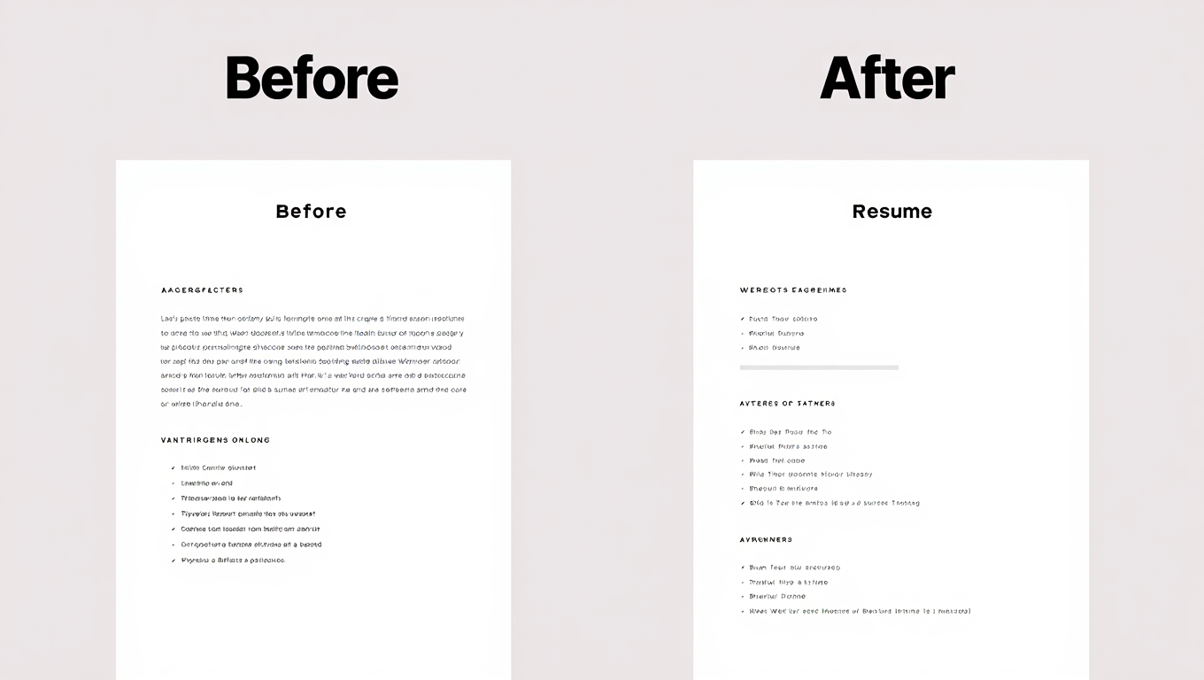 A side-by-side visual of a 'Before' resume (dense, no white space, 4+ sentences per bullet) and an 'After' resume (clean layout, 1-2 lines per bullet, plenty of white space between sections). The 'After' version has a subtle checkmark icon next to each bullet point.